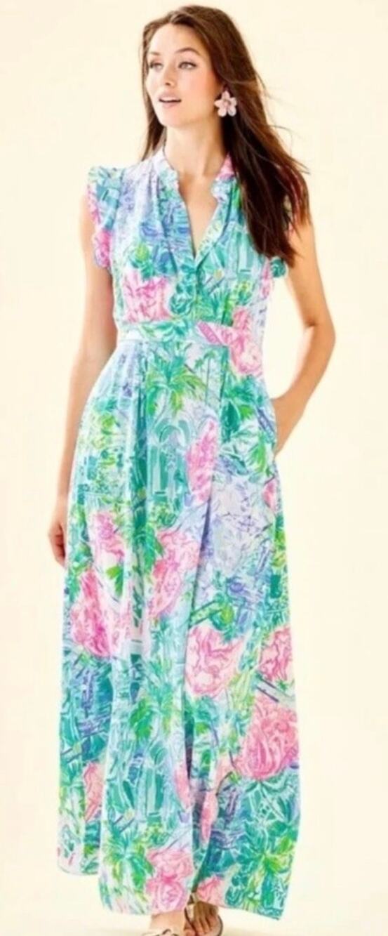 🦄🦄Lilly Pulitzer Palm Beach Bohemian Queen Silk Maxi Dress Women’s Size 2
